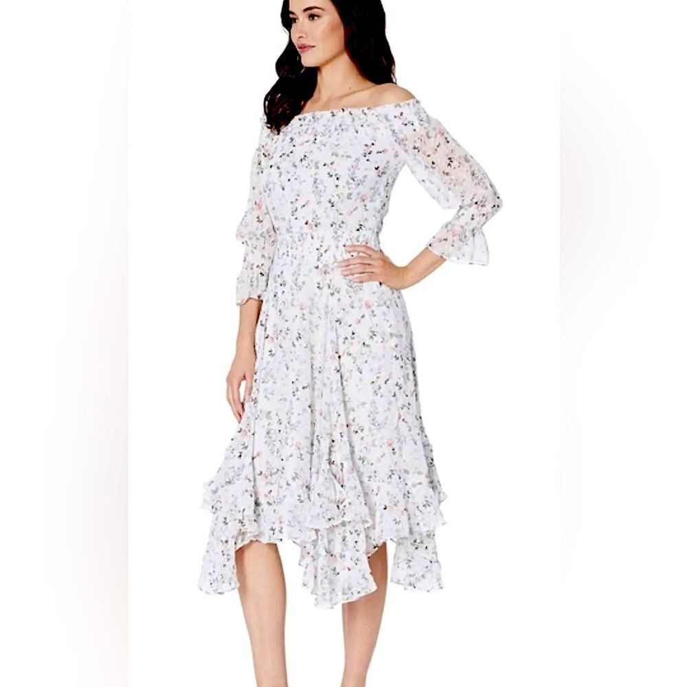 Tahari Arthur S. Levine Multicolored Off Shoulder Floral Smock Dress Size 14 NWT
